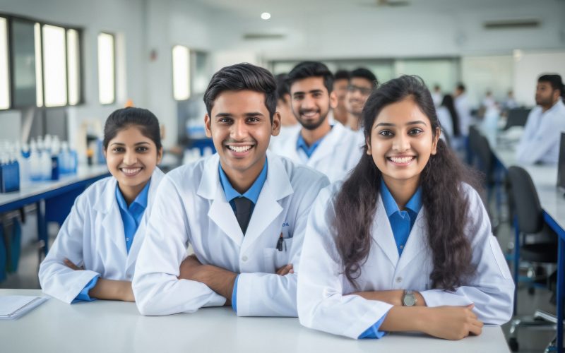 Indian medical student group smiling and giving happy expression